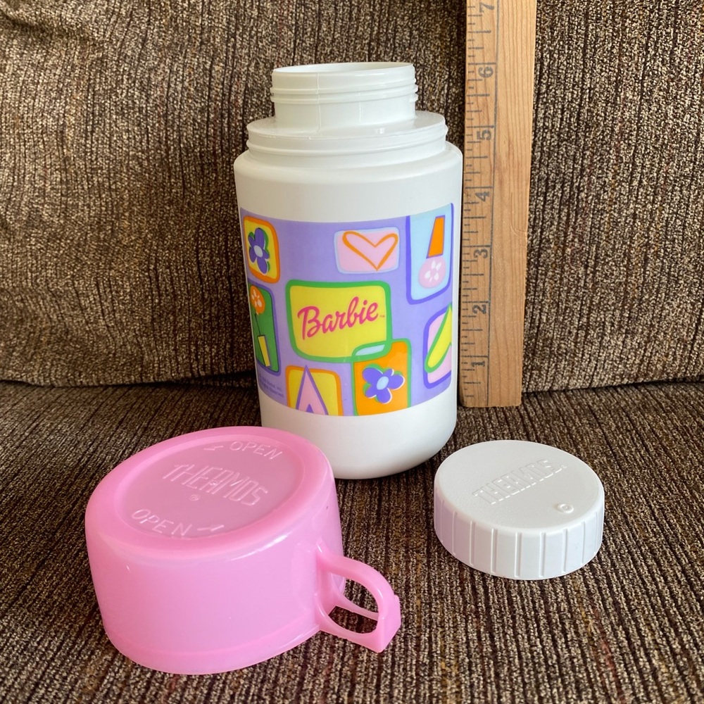 Vintage Barbie Thermos with Pink and White Lids